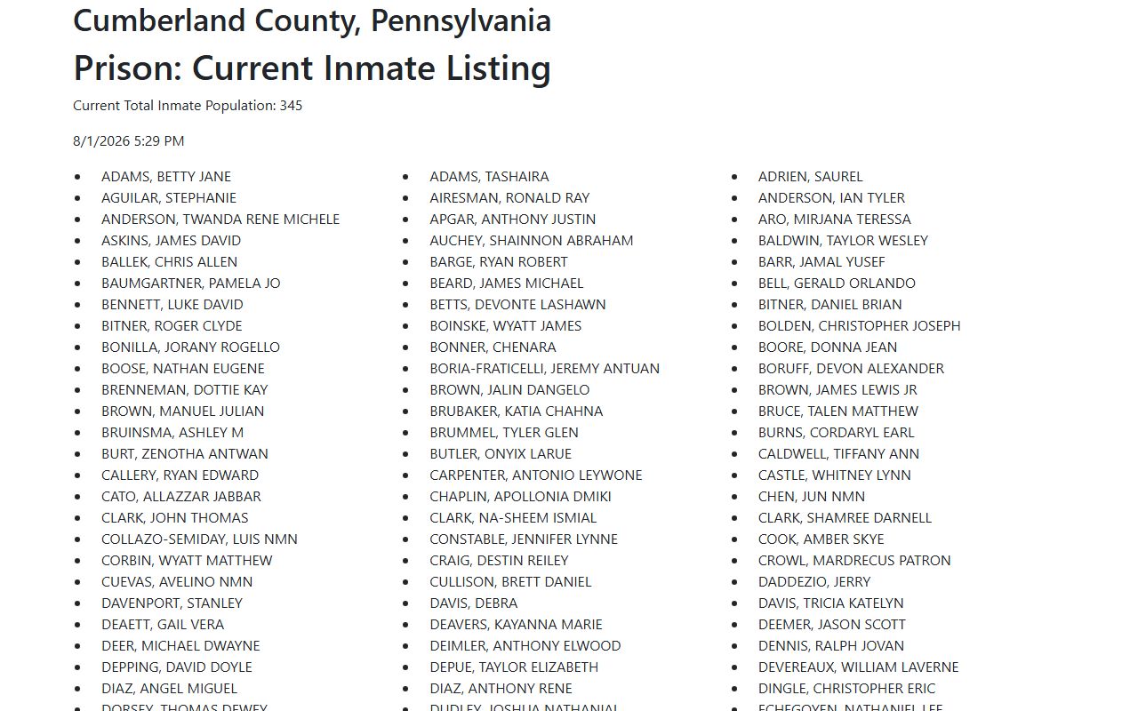 Cumberland County 72-hour release research showing the current roster without a release archive