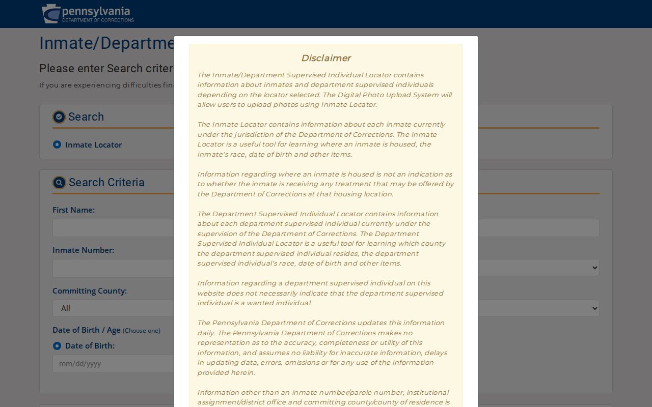Cumberland County released inmate search options in the Pennsylvania DOC locator