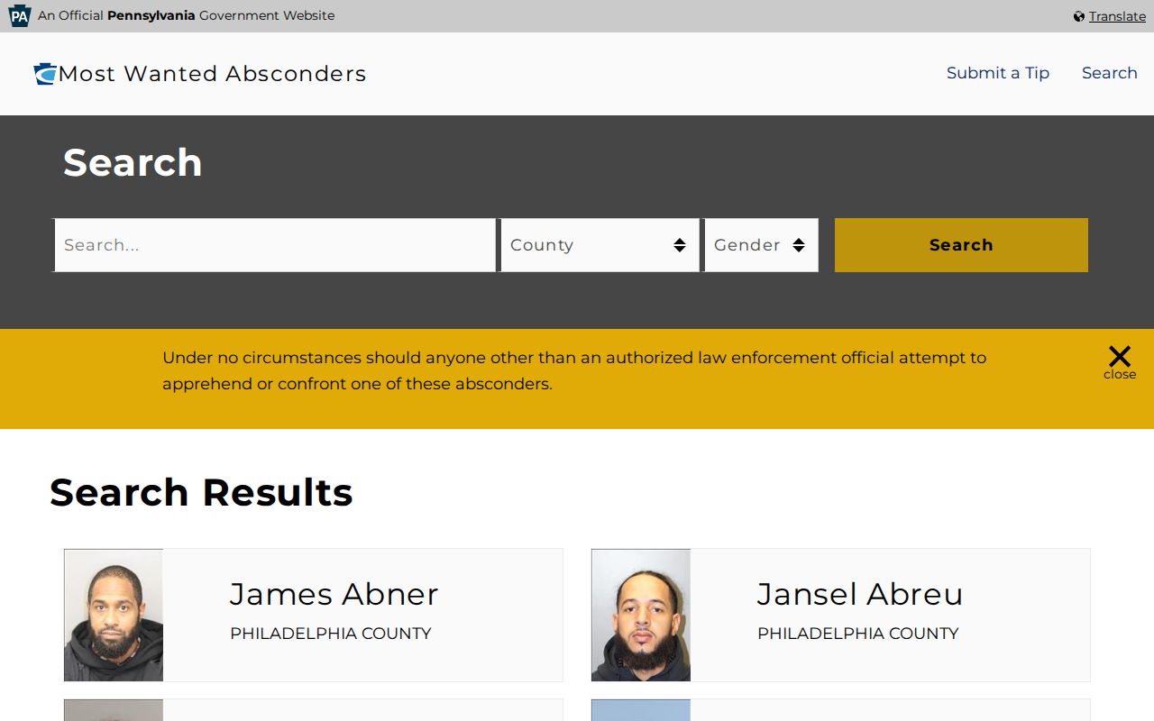 Cumberland County parole absconder search with release date and photograph fields